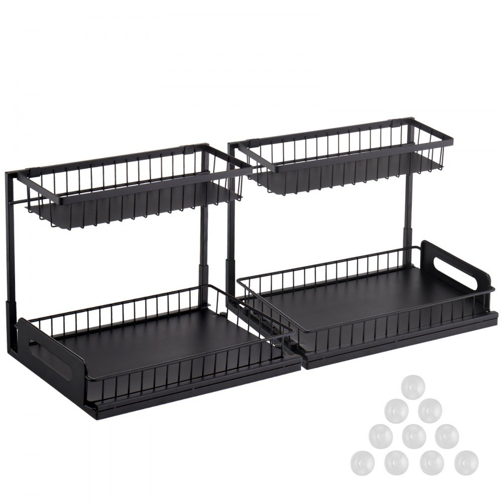 2-Tier 10.7"W x 14.2"D Pull Out Cabinet Under Sink Organizer Drawer Basket,25.5"Wx15.5"Dx13"H Install Size for Cabinet (Set of 2)